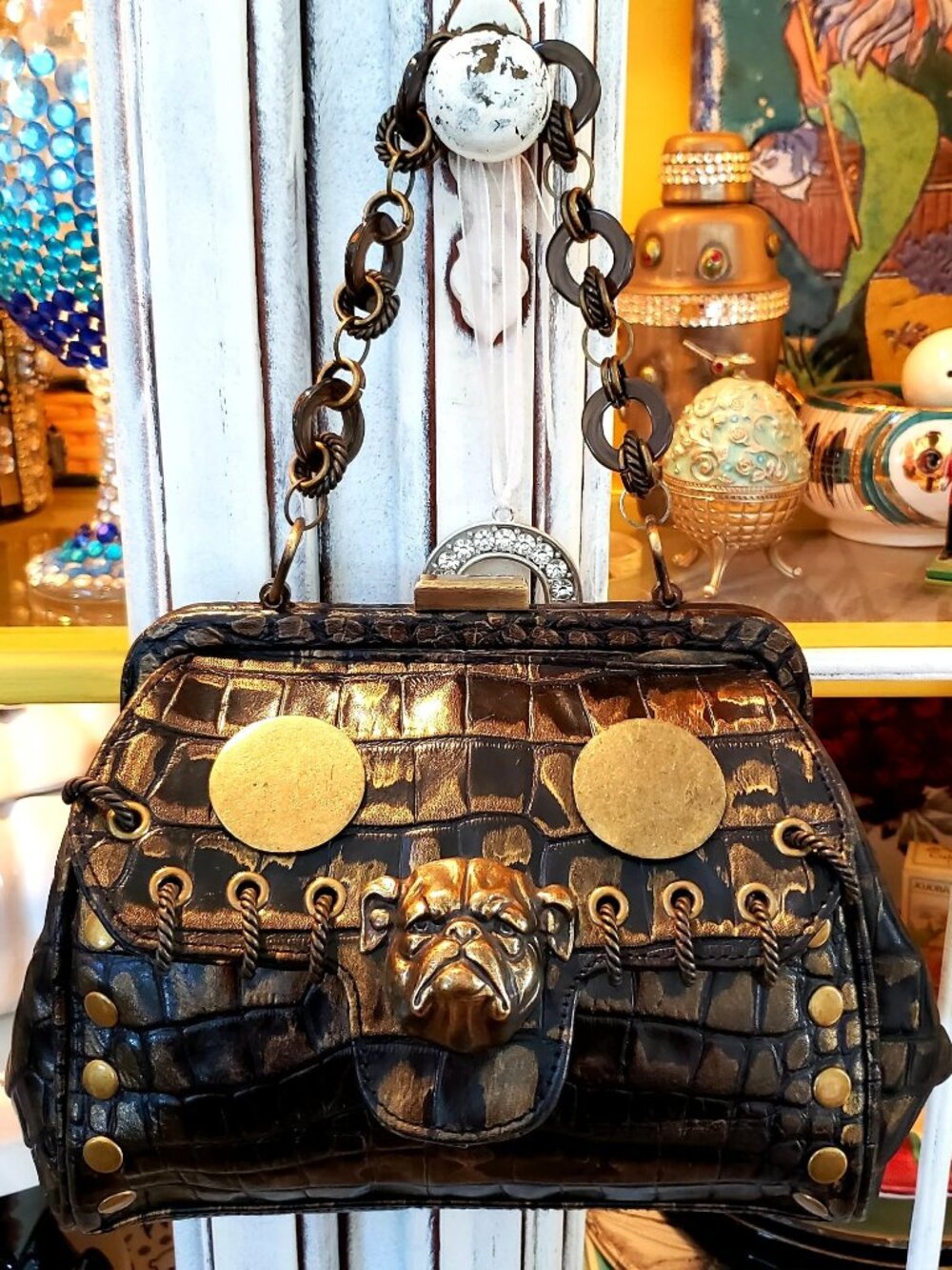 Vintage Betsey Johnson Black Crock Leather Bulldog Handbag Small Doctors Bag Dog